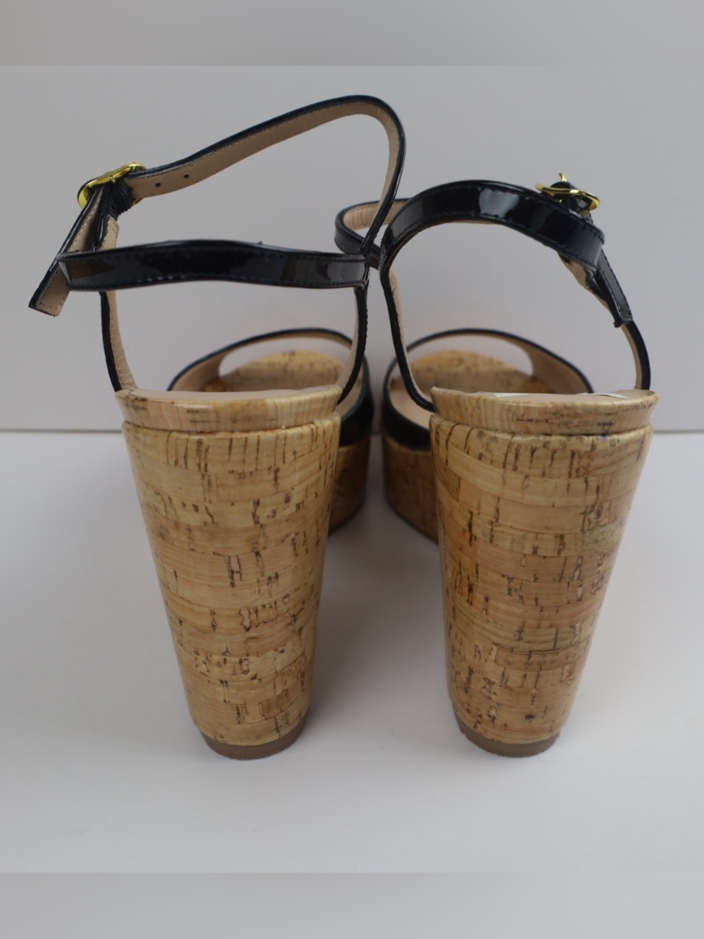 Stuart Weitzman Palmina Black Patent Leather Cork Wedge Sandal- 10- 0513 - Picture 8 of 13